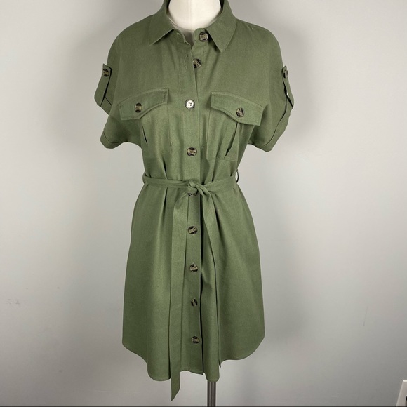 E&M Dresses & Skirts - E&M Green Utilitarian Button Down Tie Waist Dress